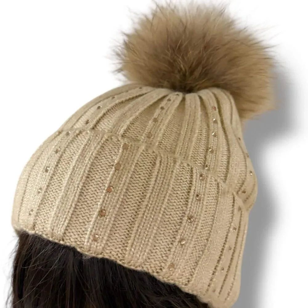 Beige Sparkle Cuffed Rib Knit Beanie Real Fur Pompom NWT